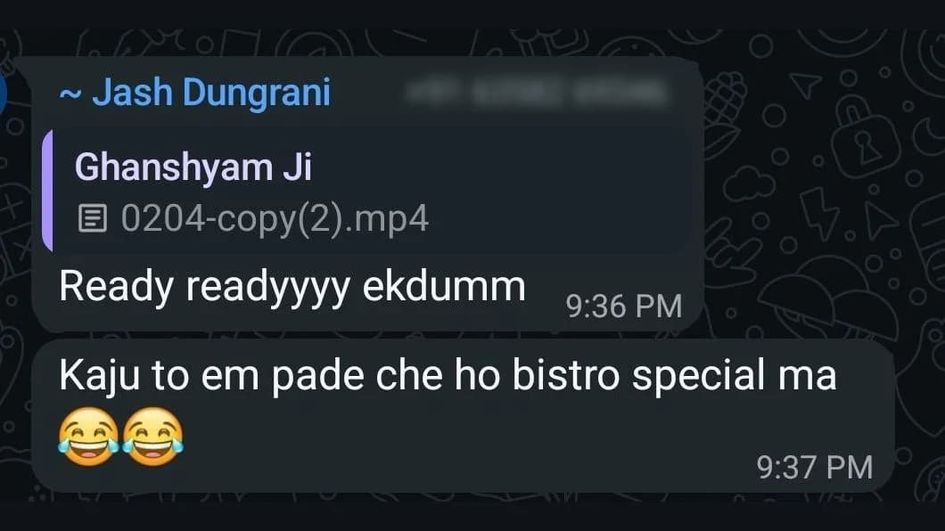 The message Jash Dungrani sent, in the chat it was sent in