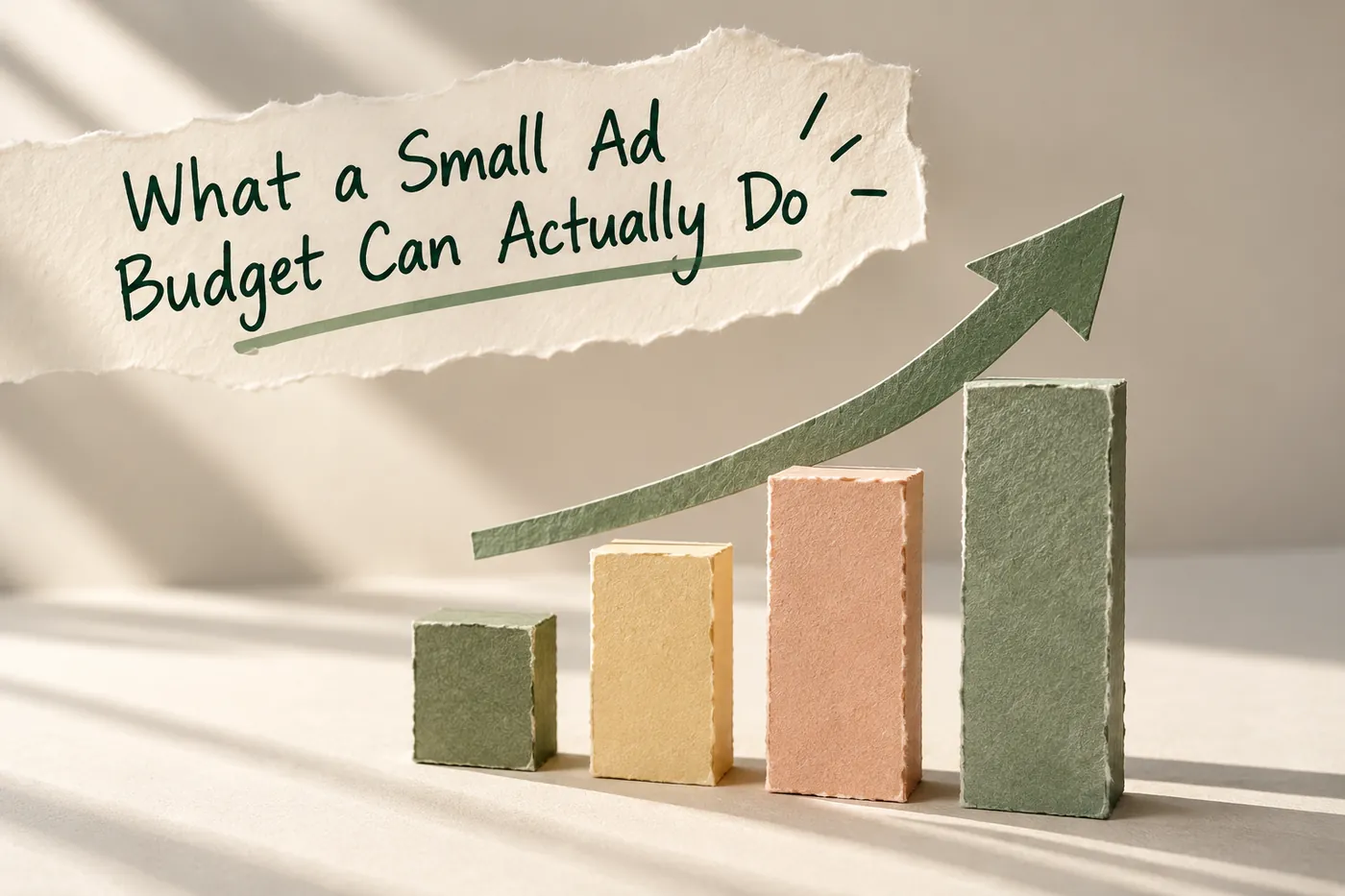 Cut paper bars rising in sage, butter and peach with a paper arrow climbing over them, under a torn strip headed What a Small Ad Budget Can Actually Do