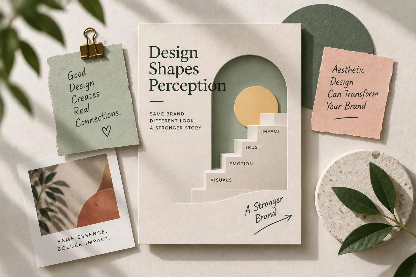 A moodboard of paper notes around a card reading Design Shapes Perception, with paper steps labelled visuals, emotion, trust and impact, and a pink note reading Aesthetic Design Can Transform Your Brand