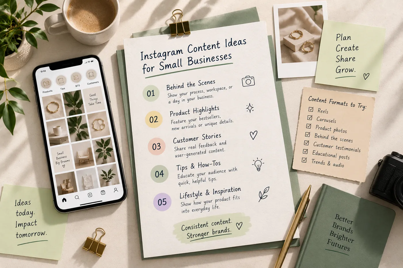 A printed list of Instagram content ideas for small businesses, beside a phone showing a grid of posts