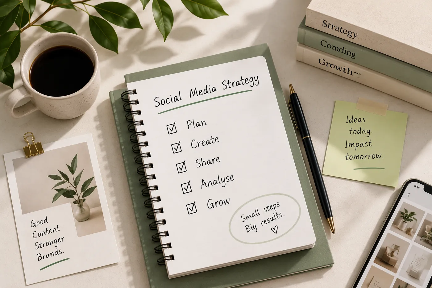 A notebook headed Social Media Strategy with Plan, Create, Share, Analyse and Grow ticked off, on a desk with coffee and plants