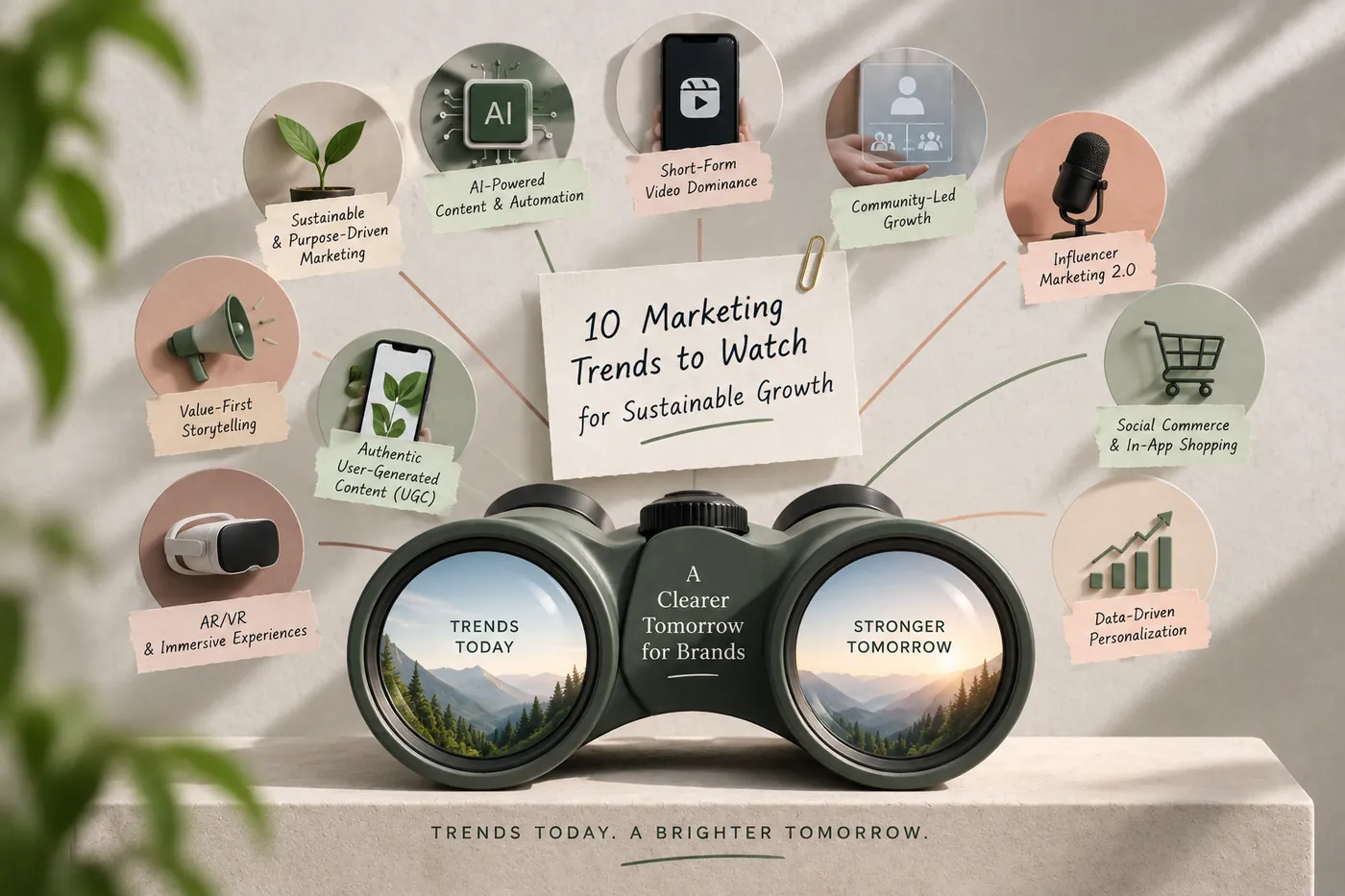 A pair of binoculars on a desk, ringed by ten cards naming marketing trends to watch
