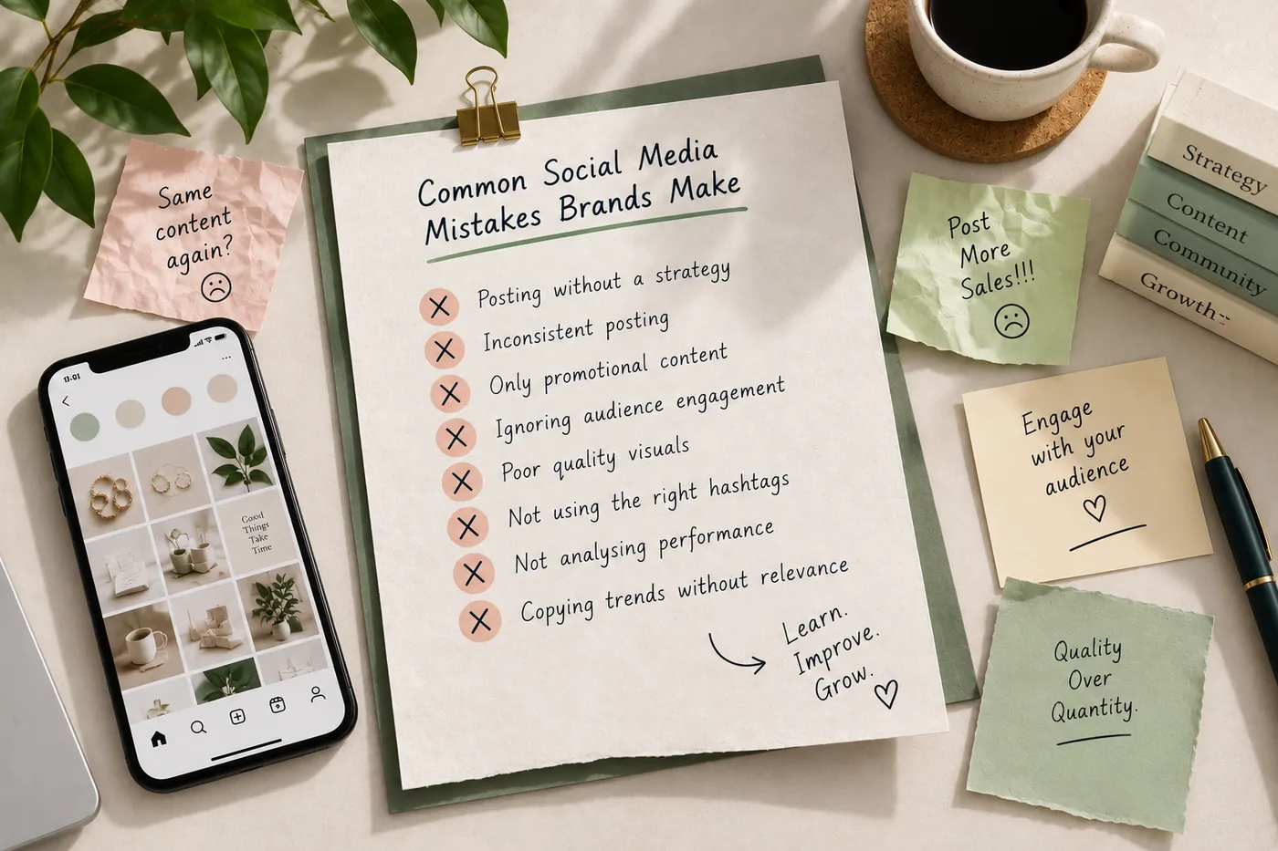 A clipboard headed Common Social Media Mistakes Brands Make, with eight items crossed off, beside a phone showing a feed