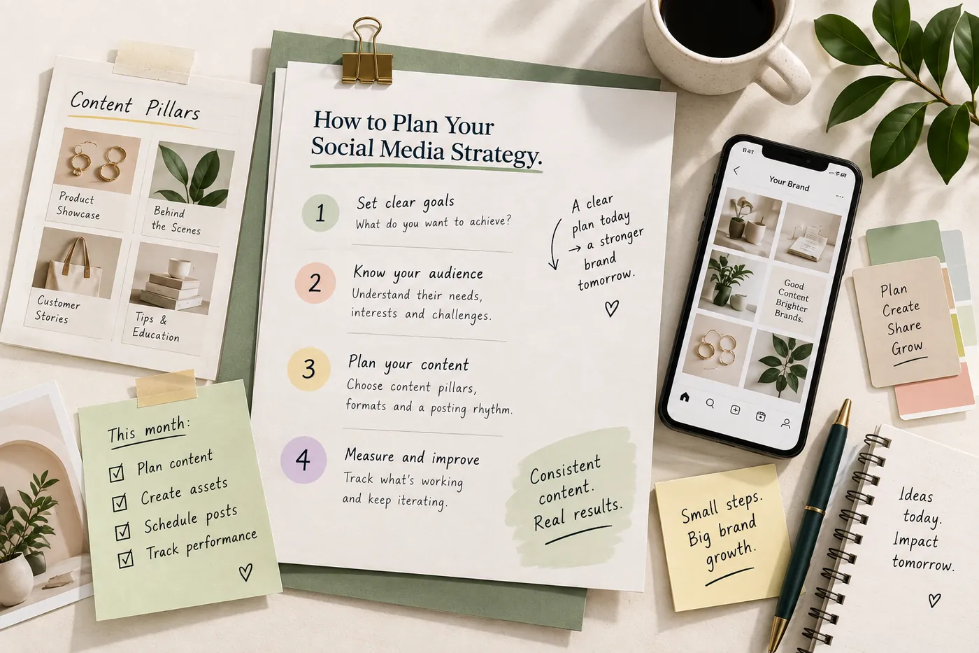 A printed guide headed How to Plan Your Social Media Strategy, with its four steps laid out beside a phone and a set of notes