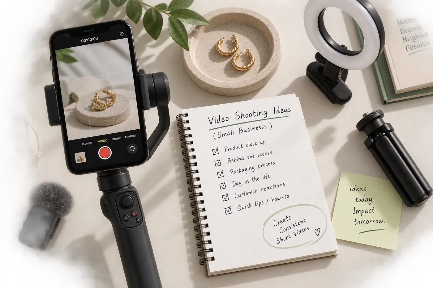 A phone on a gimbal filming a pair of earrings, beside a notebook of video shooting ideas and a ring light
