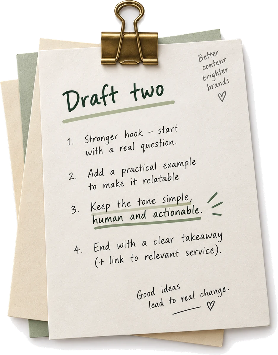 A clipped stack of drafts, the top page headed "Draft two" with four handwritten notes on it
