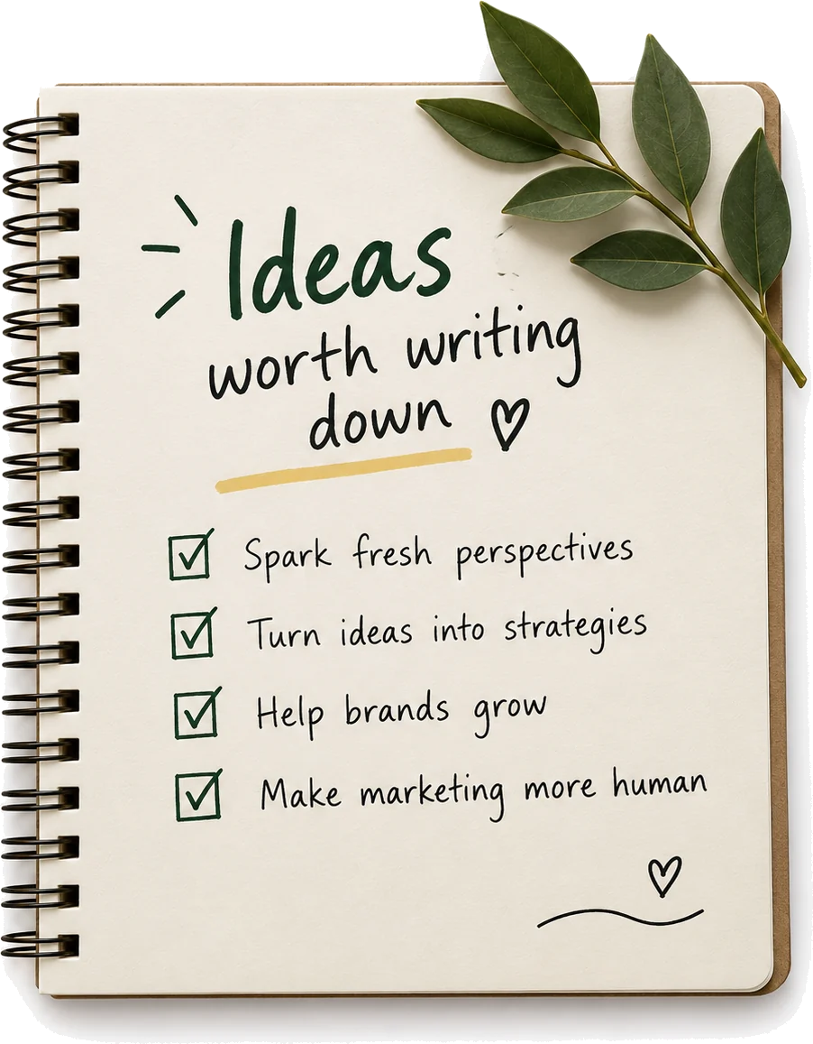 A spiral notebook headed "Ideas worth writing down", with four ticked lines and a leaf sprig on the corner